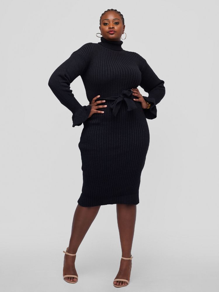 Cozy turtle neck sweater dress with a detachable belt