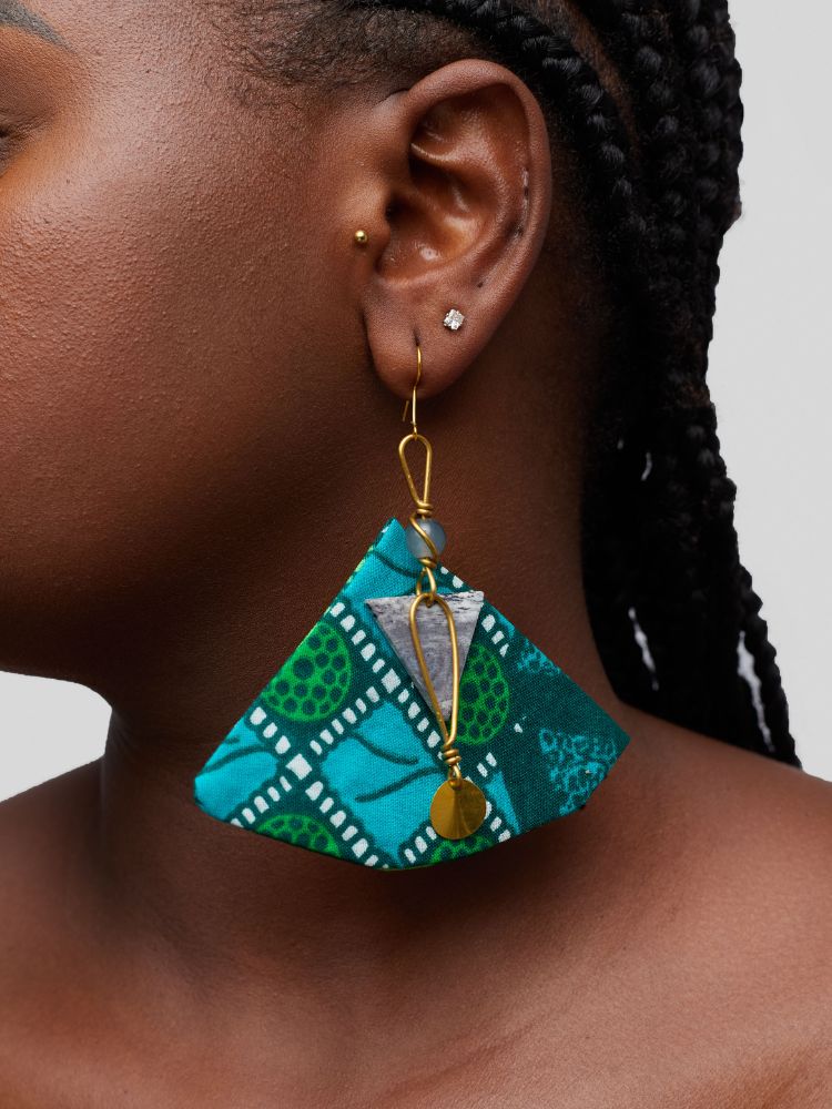 Ankara earrings made from upcycled fabric.