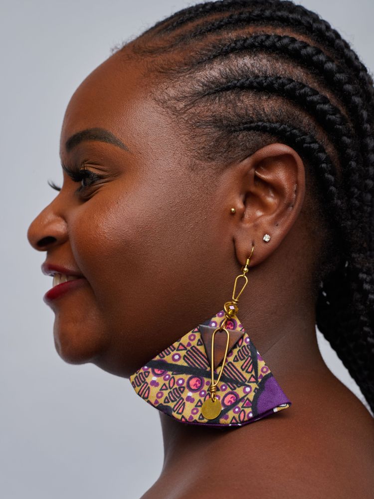Ankara earrings made from upcycled fabric.