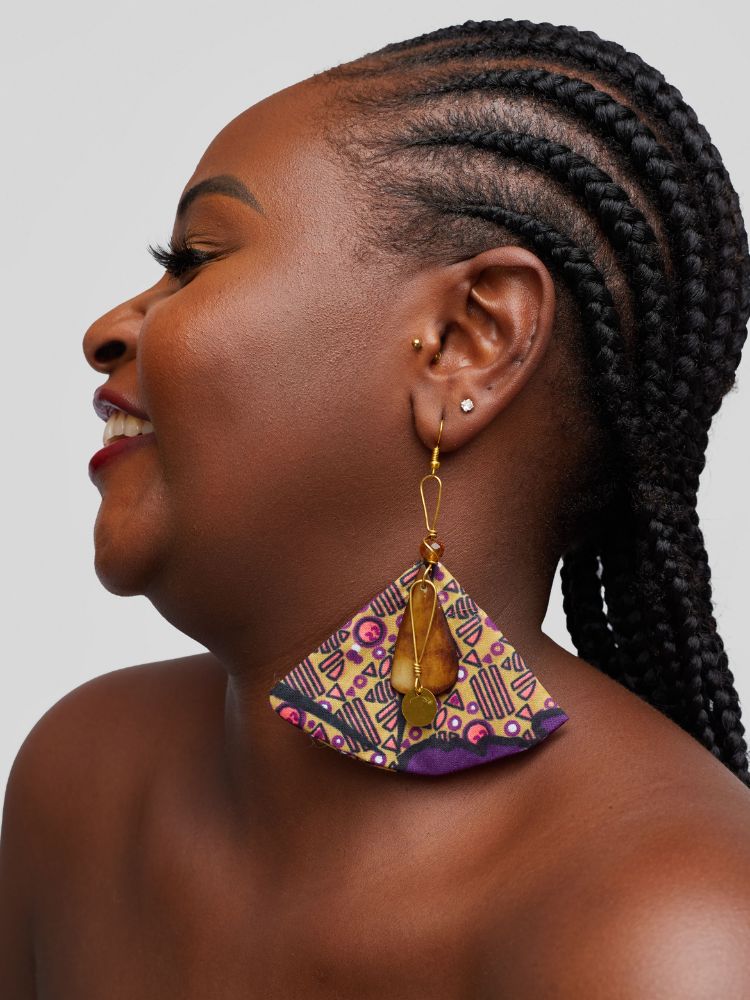 Ankara earrings made from upcycled fabric.