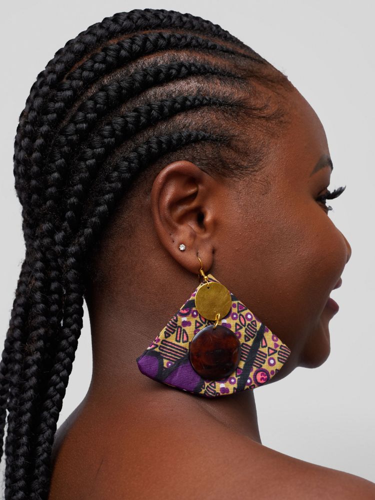 Ankara earrings made from upcycled fabric.