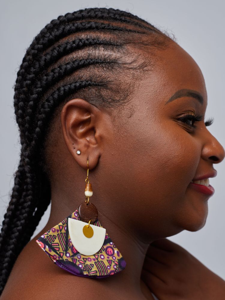 Ankara earrings made from upcycled fabric.