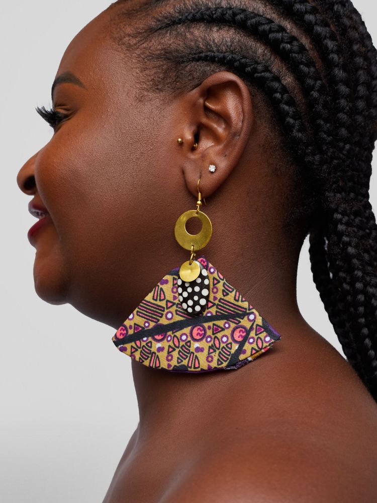 Ankara earrings made from upcycled fabric.