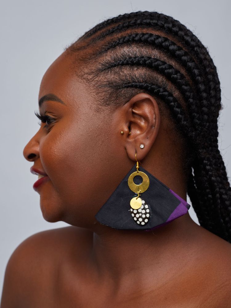 Ankara earrings made from upcycled fabric.