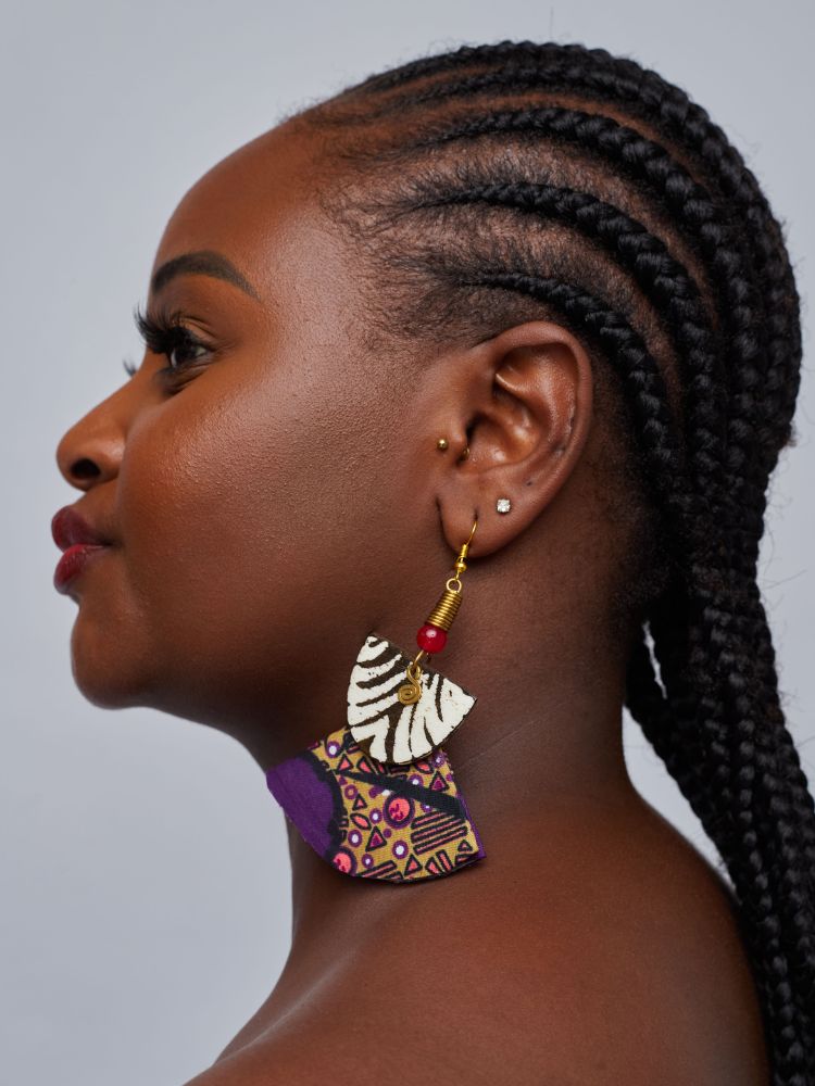 Ankara earrings made from upcycled fabric.