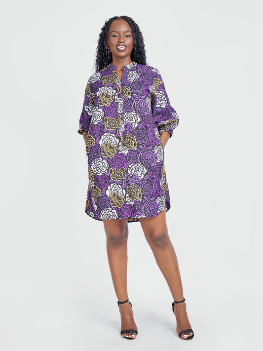 Nuru Shirt Dress - Purple & Ankara