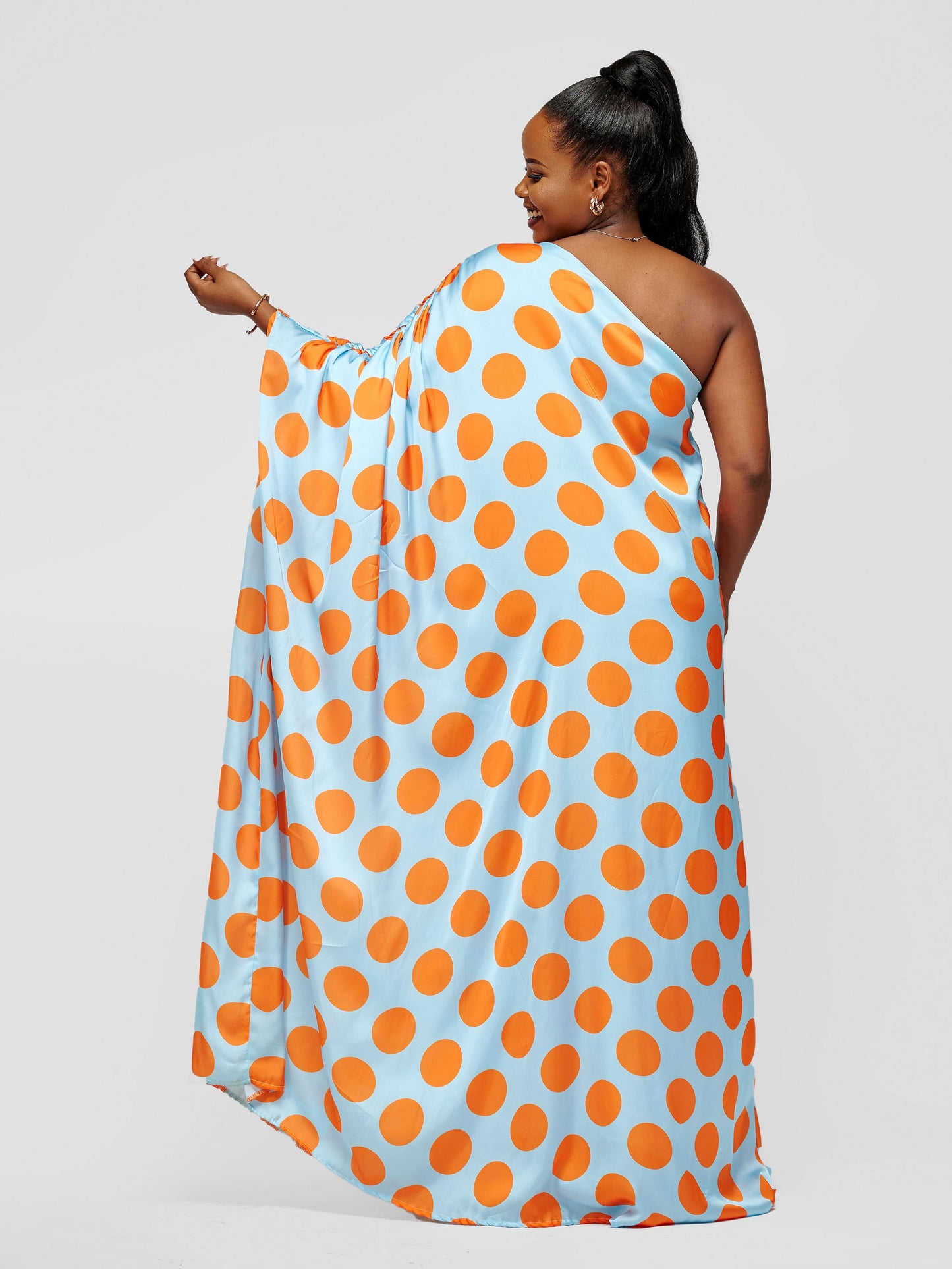 Nzilani One Shoulder Kaftan - Blue With Mustard Polka Dot Print