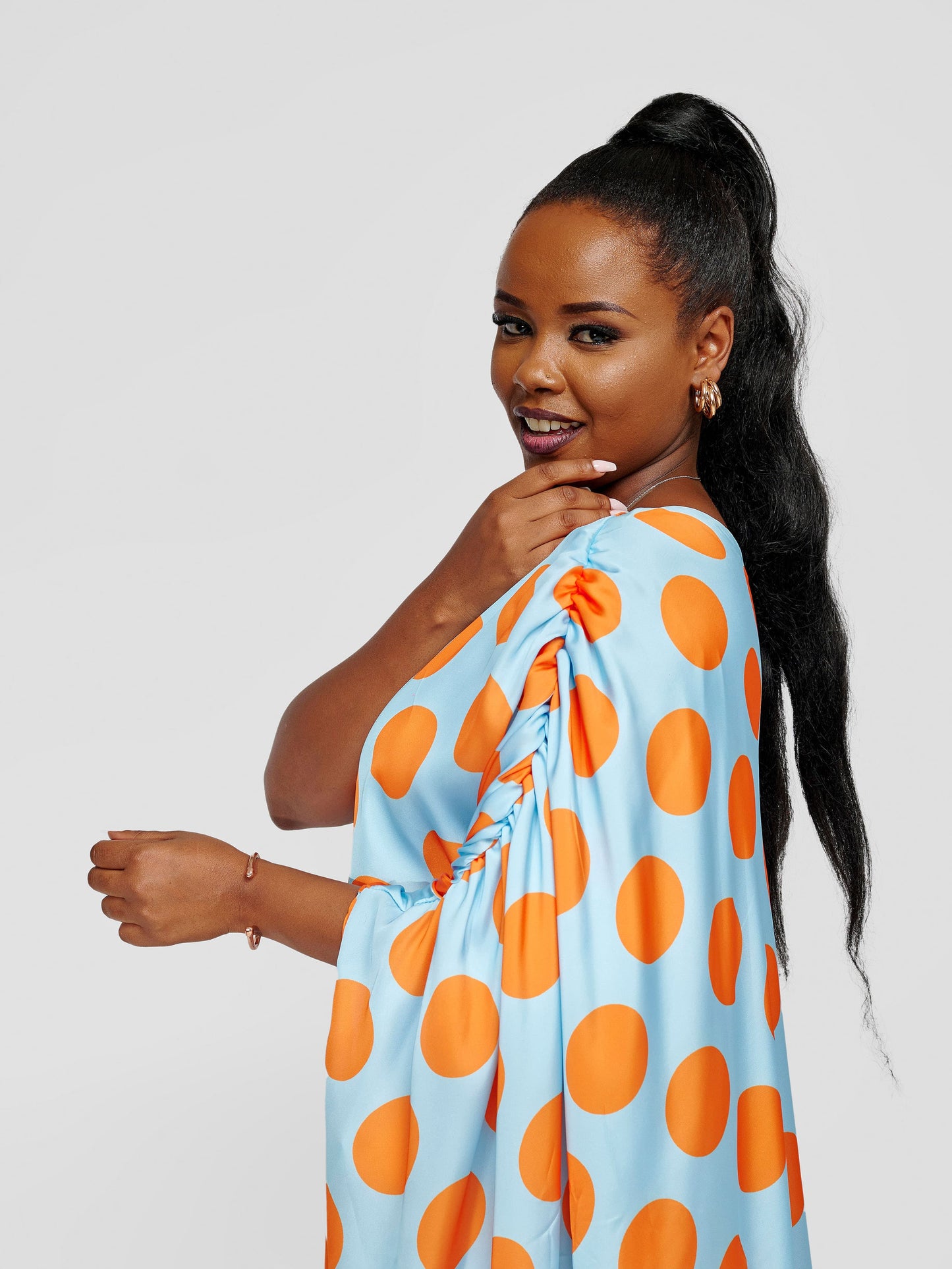 Nzilani One Shoulder Kaftan - Blue With Mustard Polka Dot Print