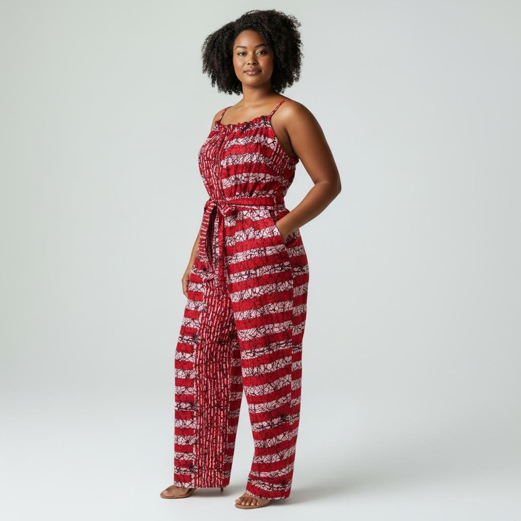 Zenani Ankara Jumpsuit - Red & White Striped