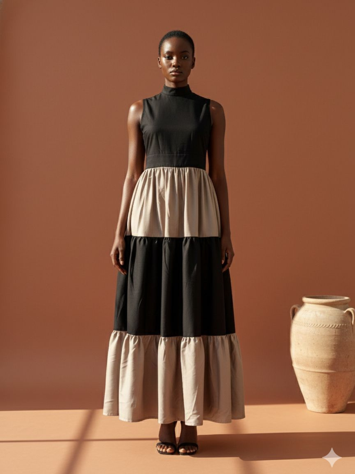 Karimi Tiered Maxi Dress - Black & Beige