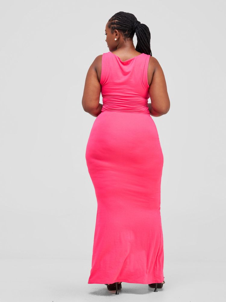 chic sleeveless maxi dress, featuring an elegant rounded neckline, double-layered construction, and a bold color-block panel at the bottom.