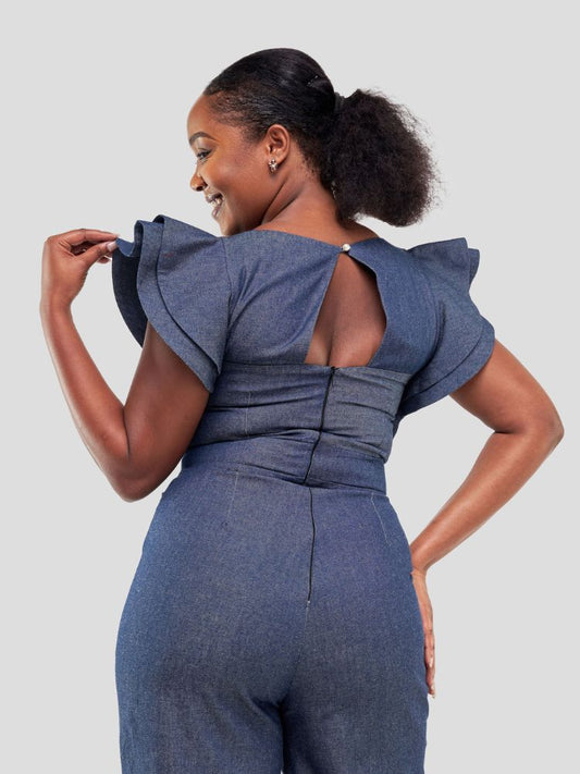 This stunning jumpsuit features ruffled sleeves, wide-leg pants, and two inseam pockets.
