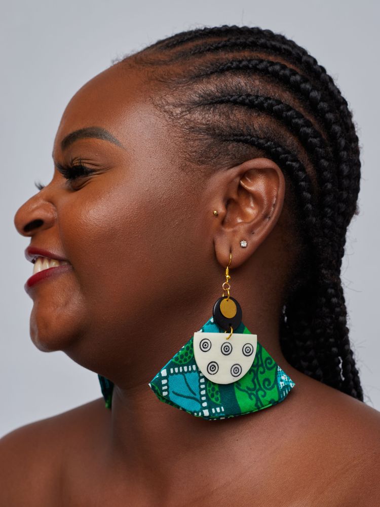 Ankara earrings made from upcycled fabric.