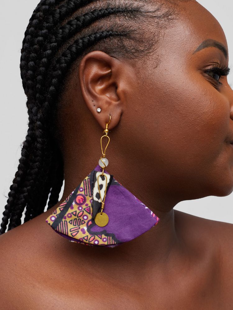 Ankara earrings made from upcycled fabric.