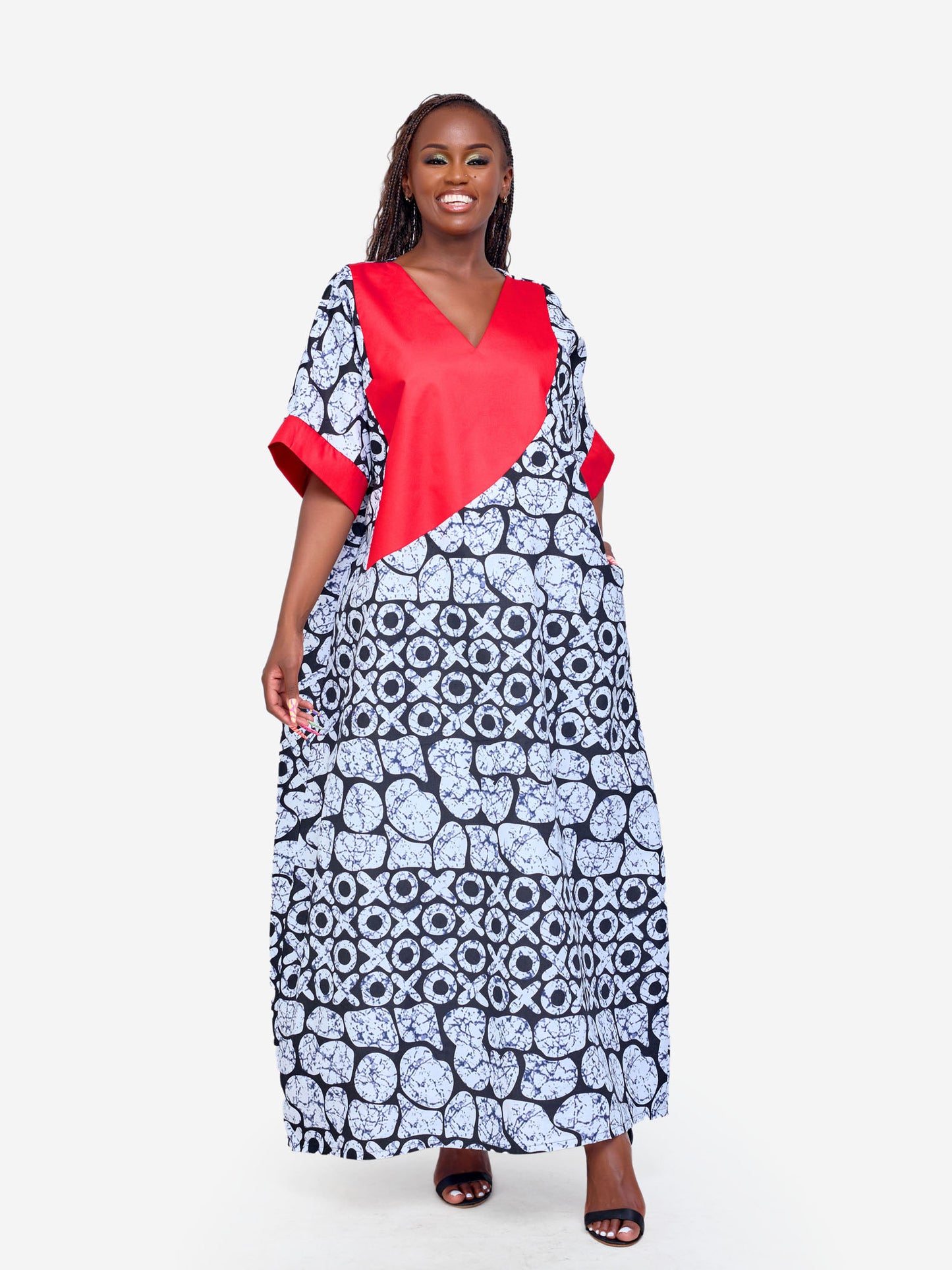 Bontle Front Detail Kaftan - Black & White & Red Print