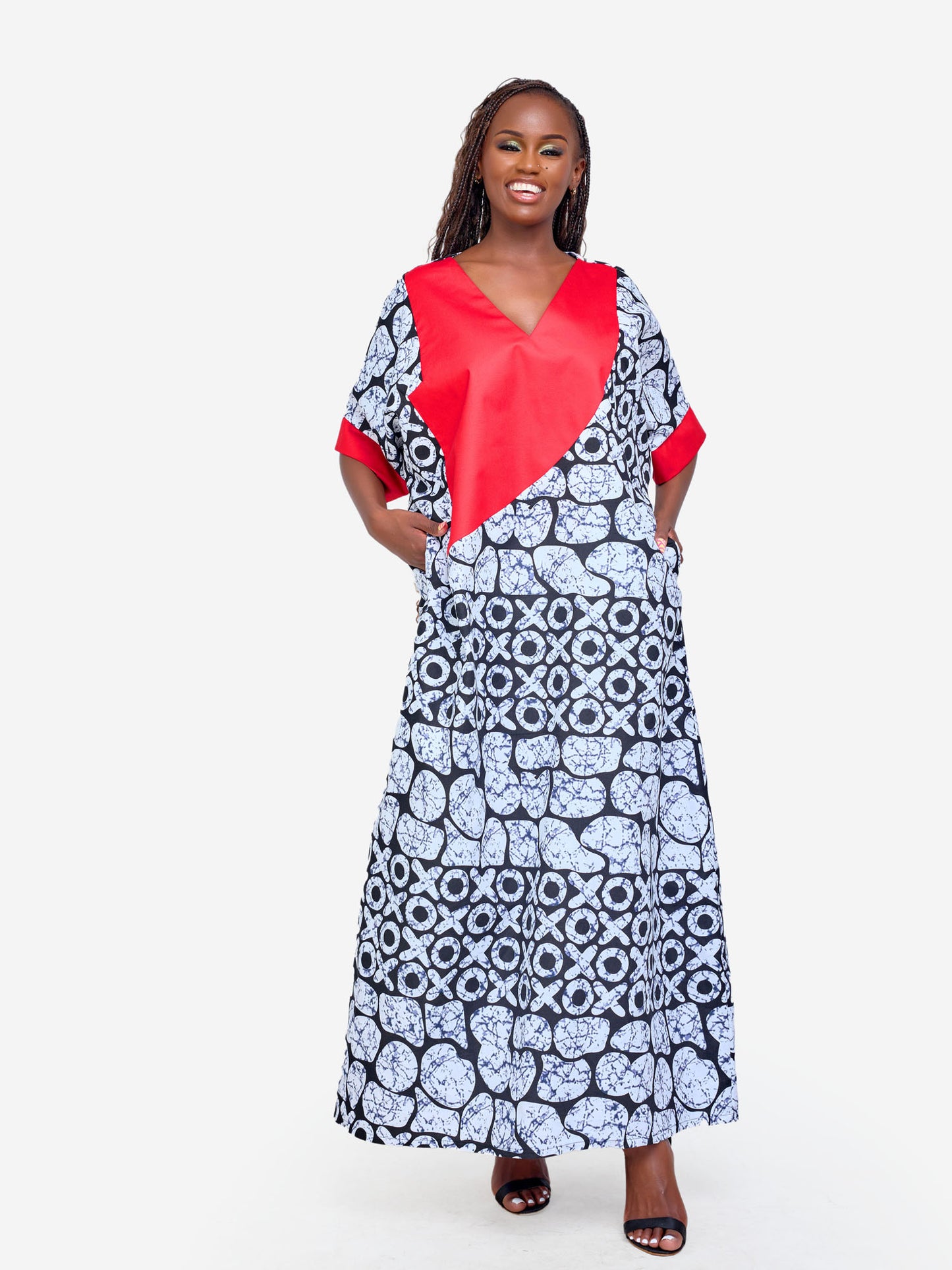 Bontle Front Detail Kaftan - Black & White & Red Print