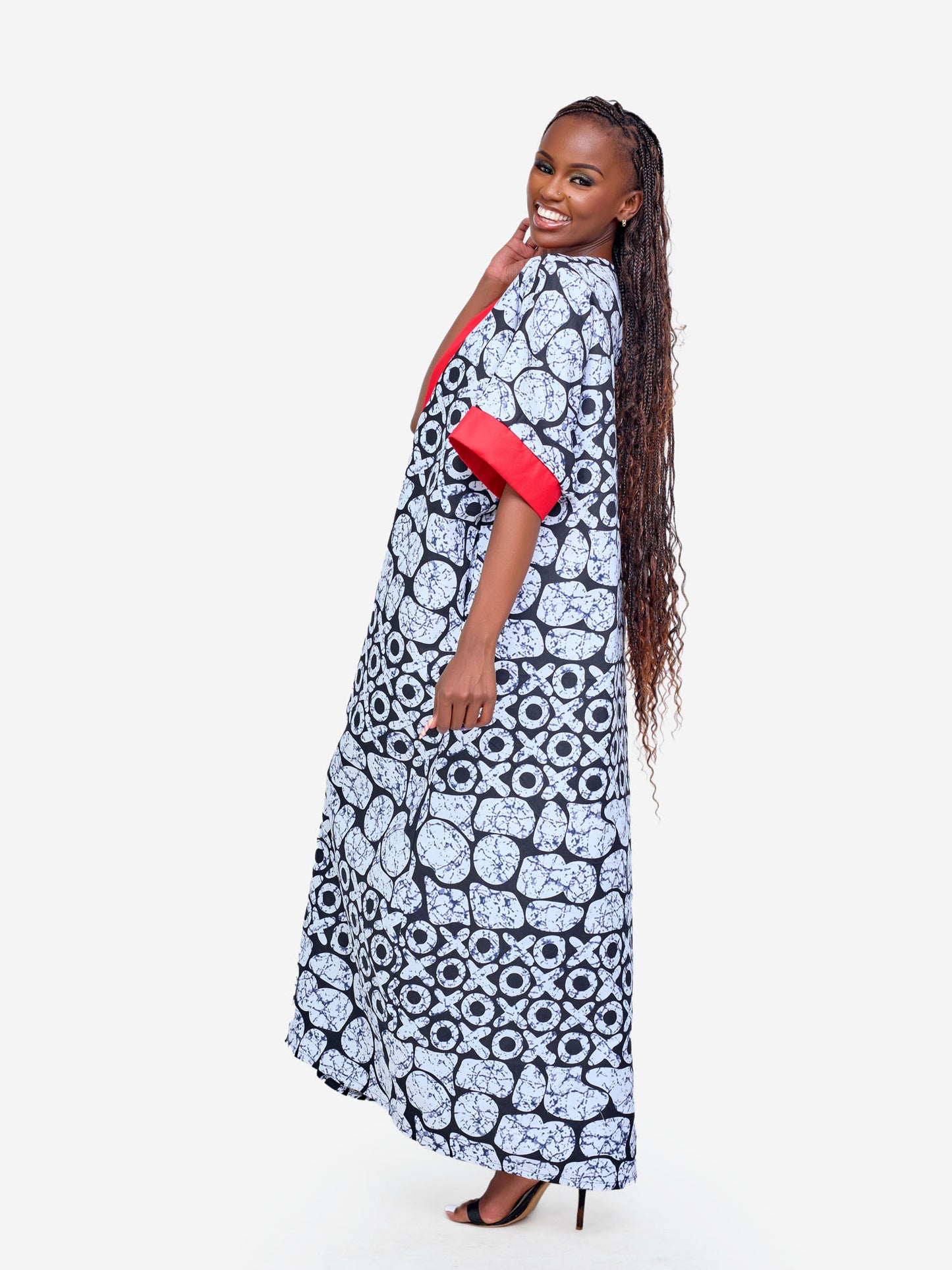 Bontle Front Detail Kaftan - Black & White & Red Print