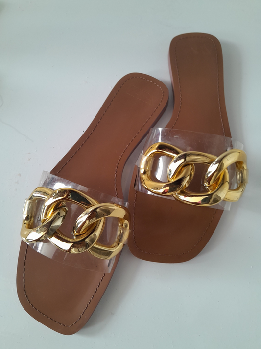 Brown Gold Braided Sandals - Clear
