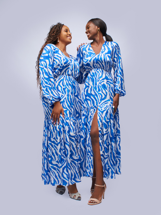 Kagendo Maxi Dress - Blue & White Zebra Print