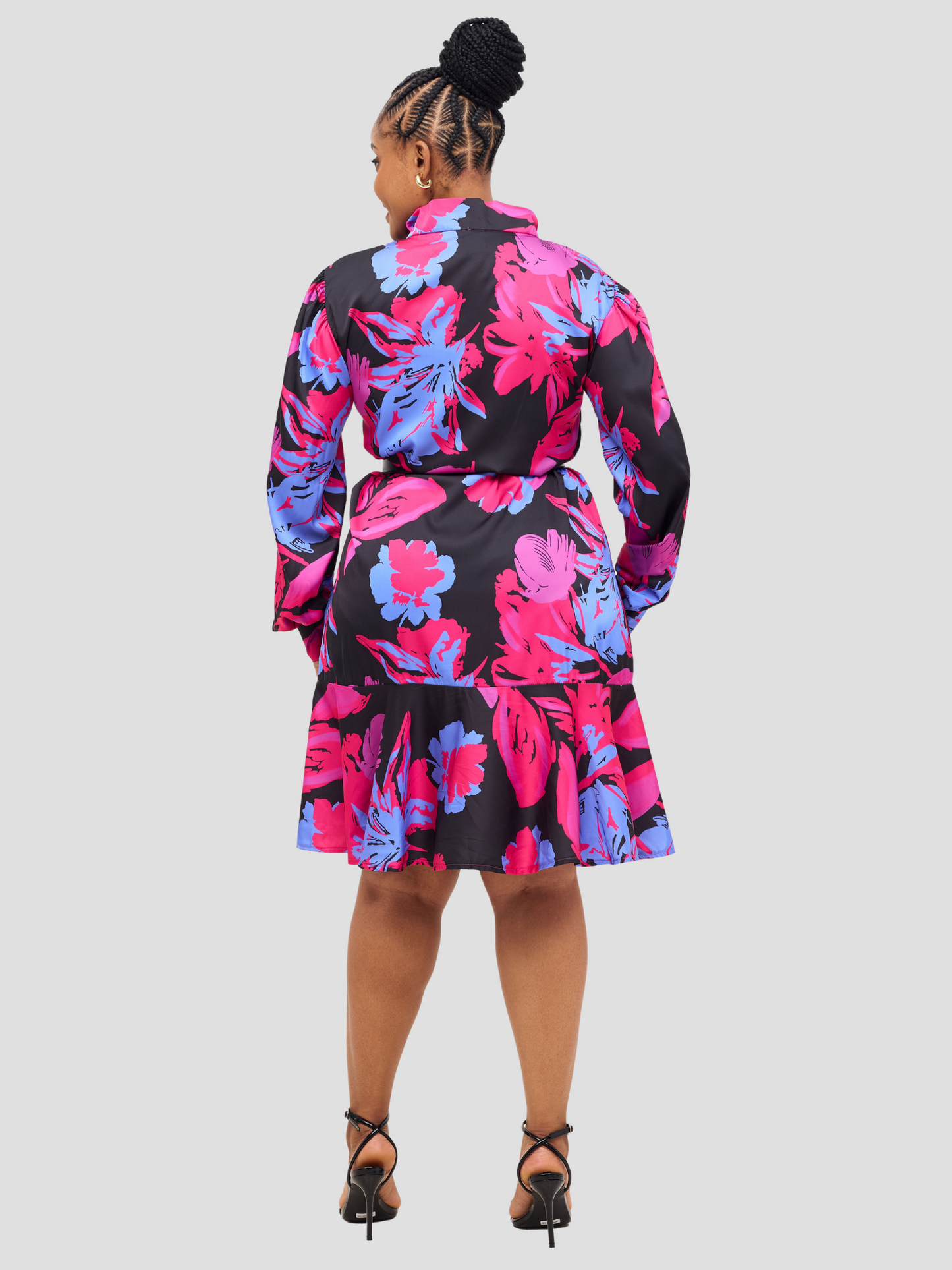 Kalani Ruffle Dress - Black & Blue & Pink Print