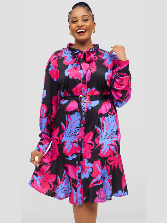 Kalani Ruffle Dress - Black & Blue & Pink Print