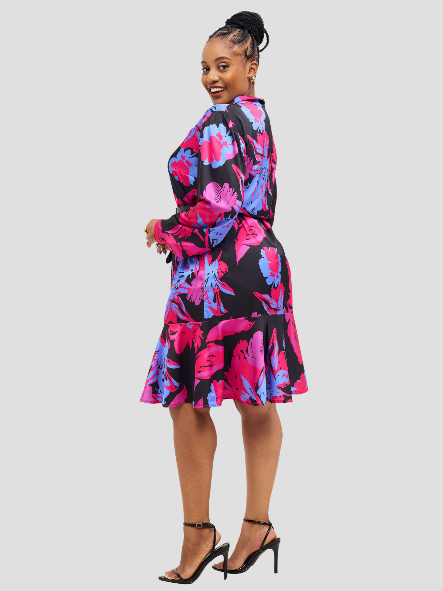 Kalani Ruffle Dress - Black & Blue & Pink Print
