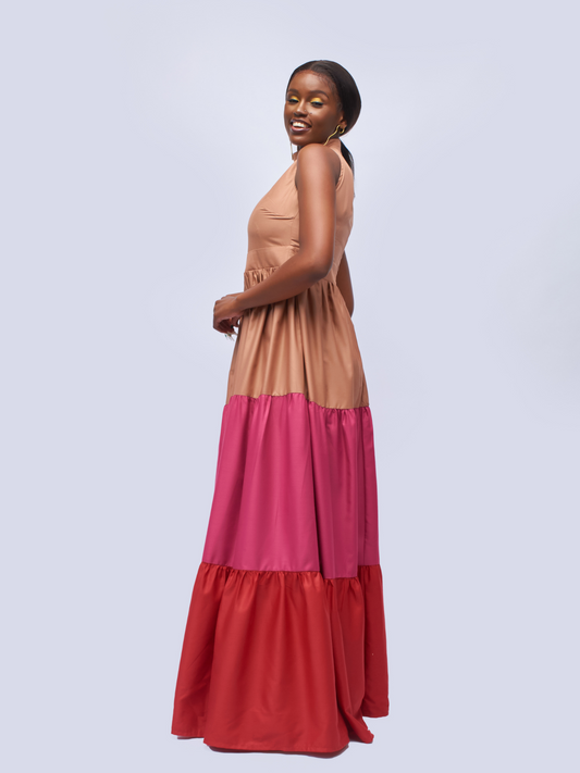 Karimi Tiered Maxi Dress - Beige & Pink & Red