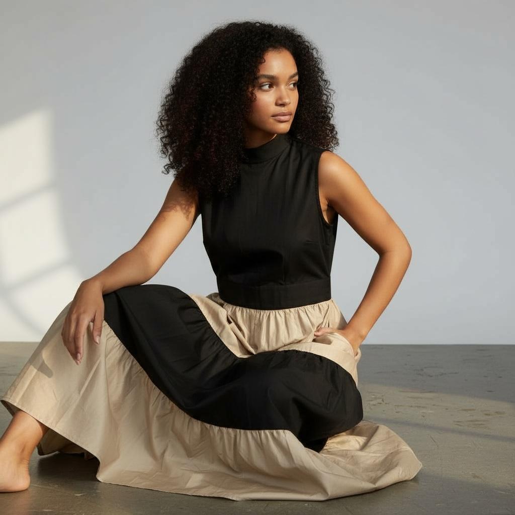 Karimi Tiered Maxi Dress - Black & Beige