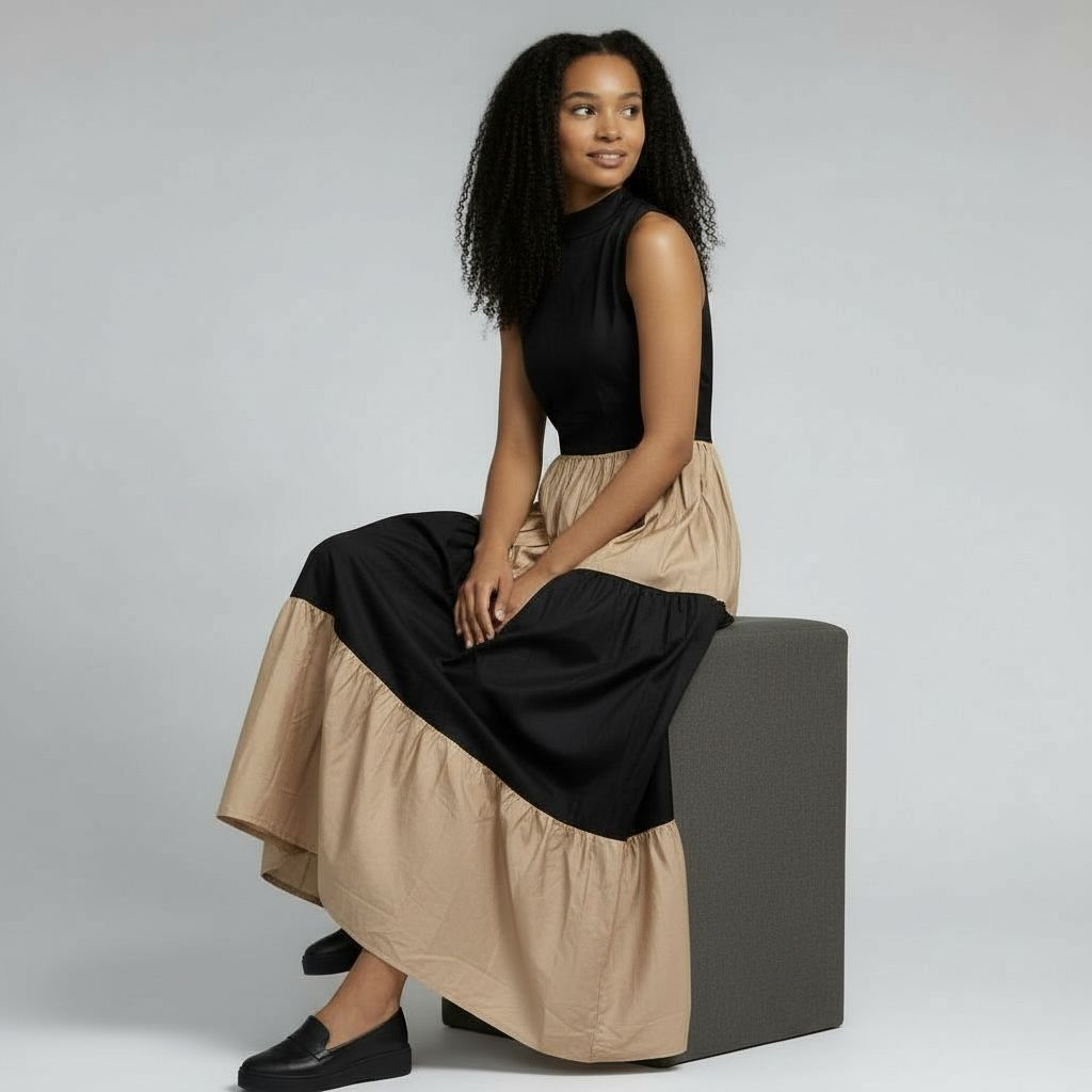 Karimi Tiered Maxi Dress - Black & Beige