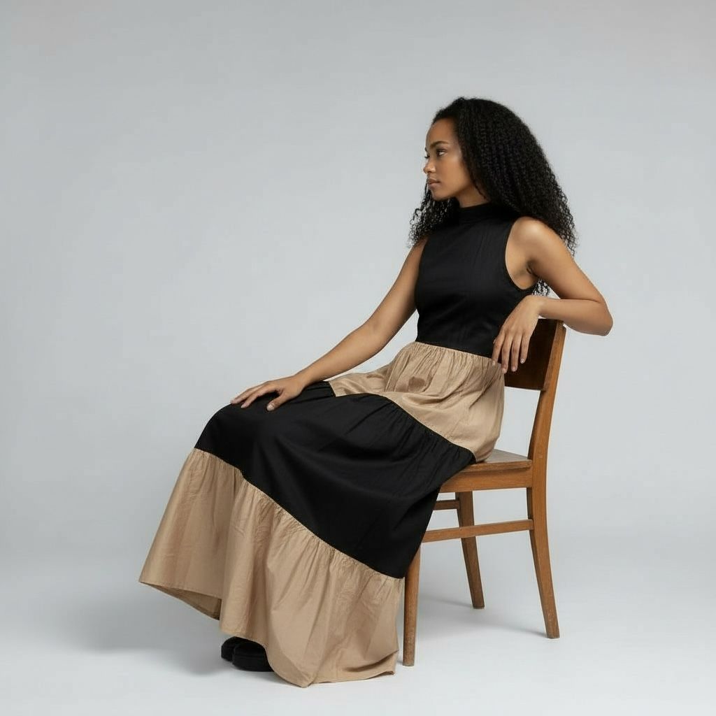 Karimi Tiered Maxi Dress - Black & Beige