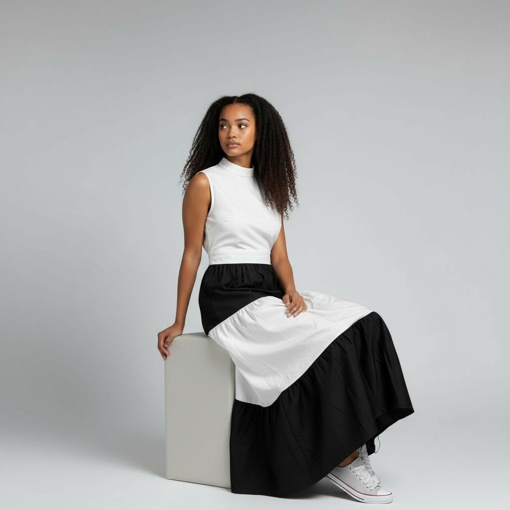 Karimi Tiered Maxi Dress - Black & White