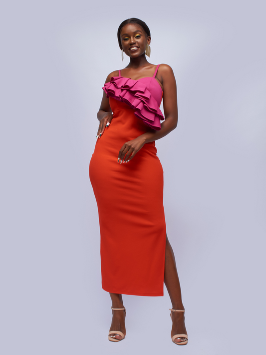 Katwiri Colour Block Maxi Dress - Fuchsia & Orange