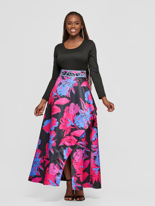 Lebo Maxi Asymmetrical Skirt - Blue & Pink Print