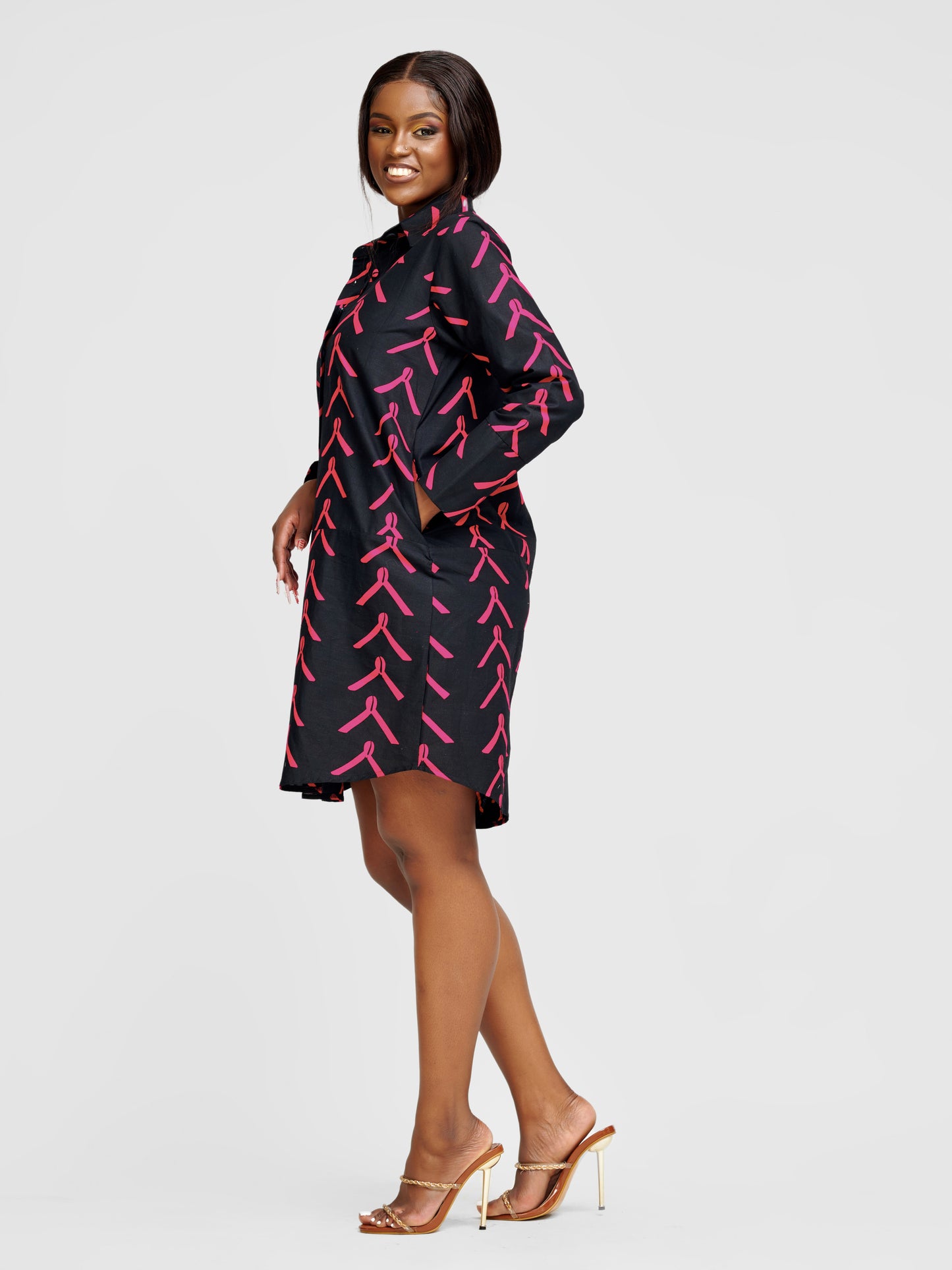 Nandi Ankara Shirt Dress - Black & Pink Print