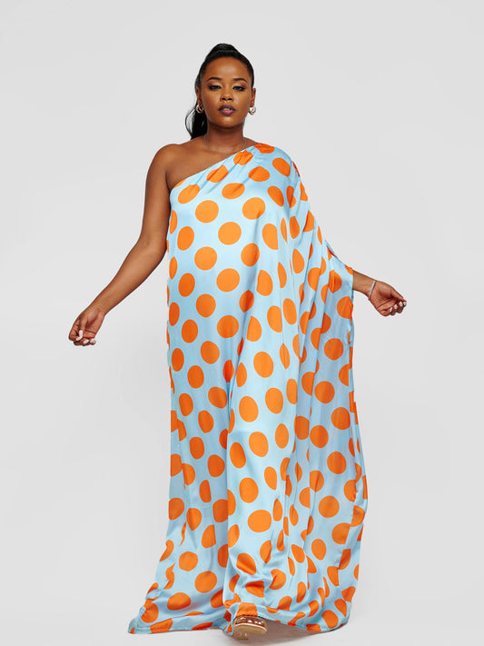 Nzilani One Shoulder Kaftan -  Blue With Mustard Polka Dot Print