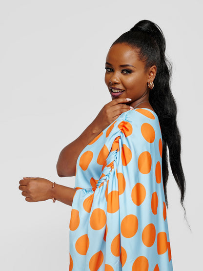 Nzilani One Shoulder Kaftan -  Blue With Mustard Polka Dot Print