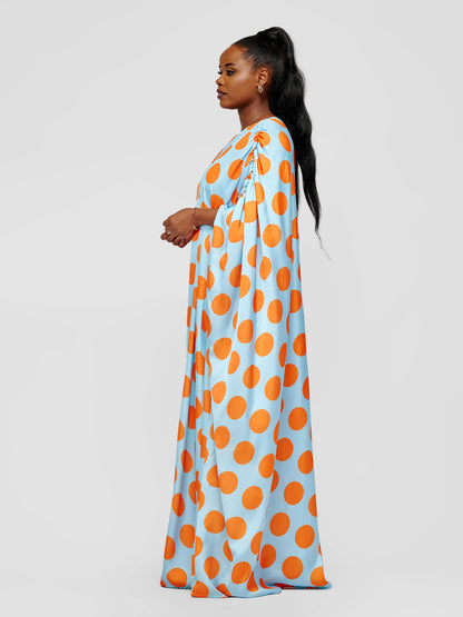 Nzilani One Shoulder Kaftan -  Blue With Mustard Polka Dot Print
