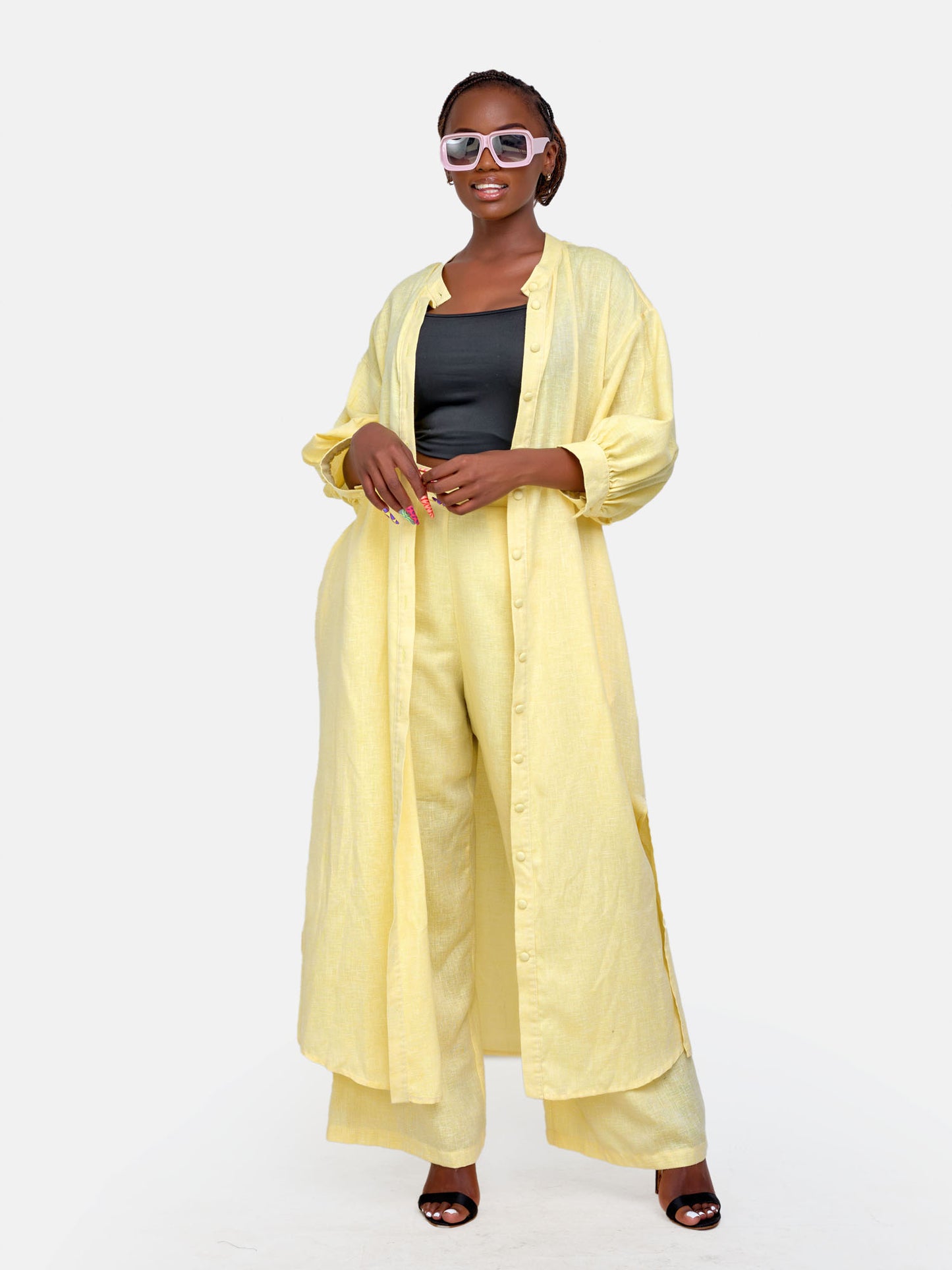 Shukri Maxi Shirt Dress & Palazzo Pant Set - Yellow