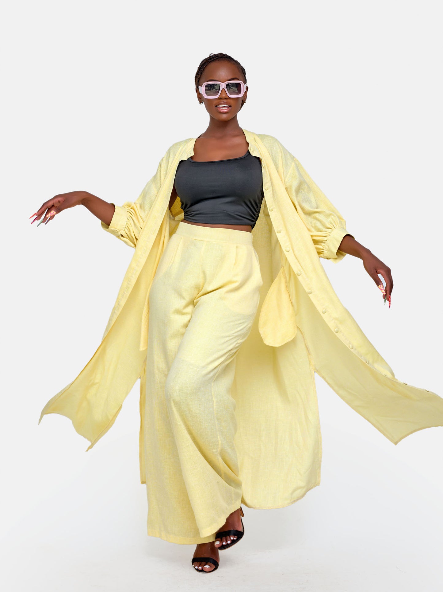 Shukri Maxi Shirt Dress & Palazzo Pant Set - Yellow