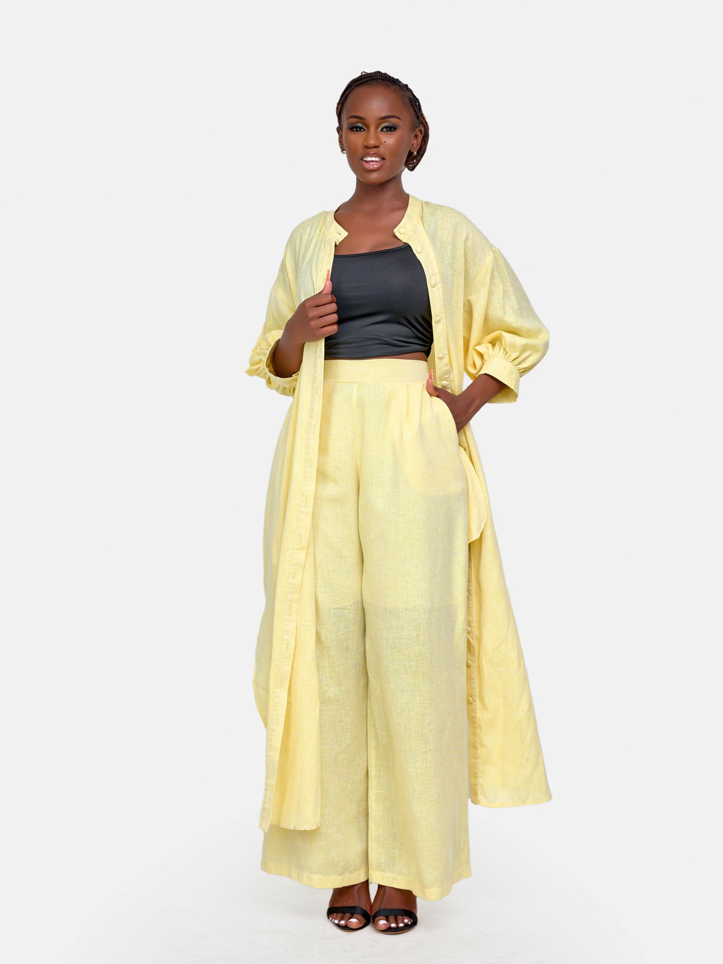 Shukri Maxi Shirt Dress & Palazzo Pant Set - Yellow