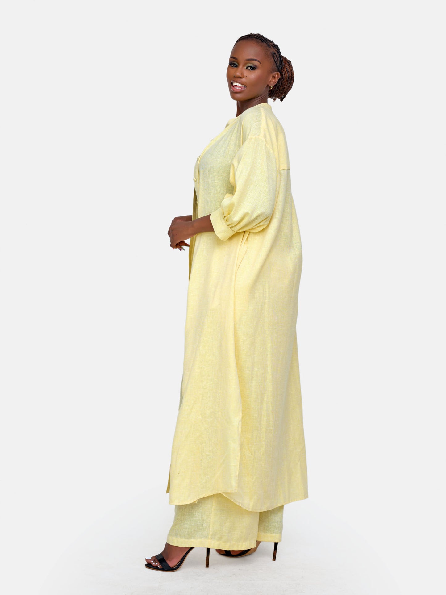Shukri Maxi Shirt Dress & Palazzo Pant Set - Yellow