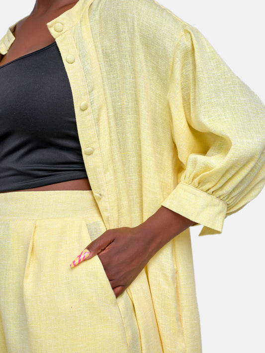 Shukri Maxi Shirt Dress & Palazzo Pant Set - Yellow