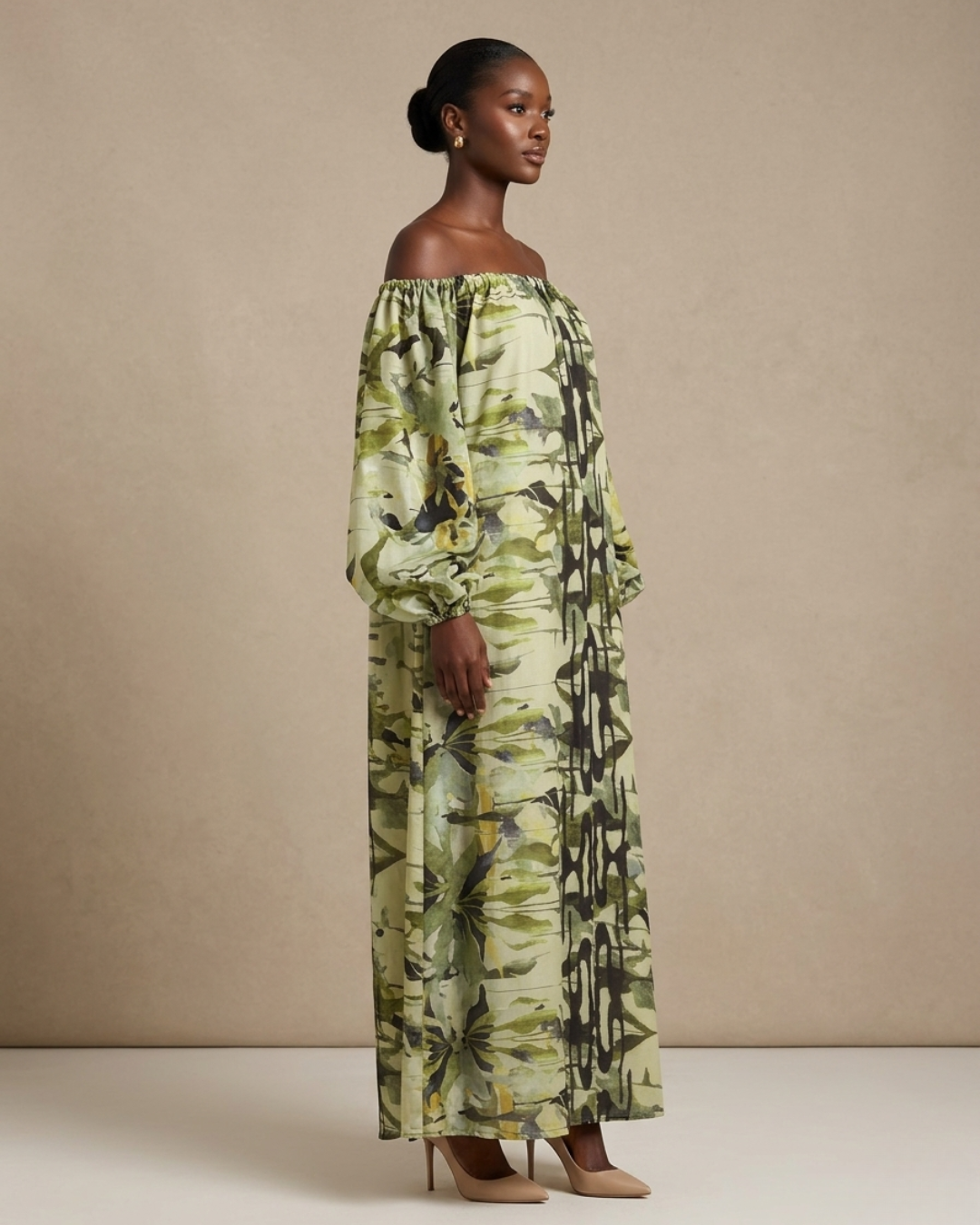 Thulile Off Shoulder Dress - Green Print