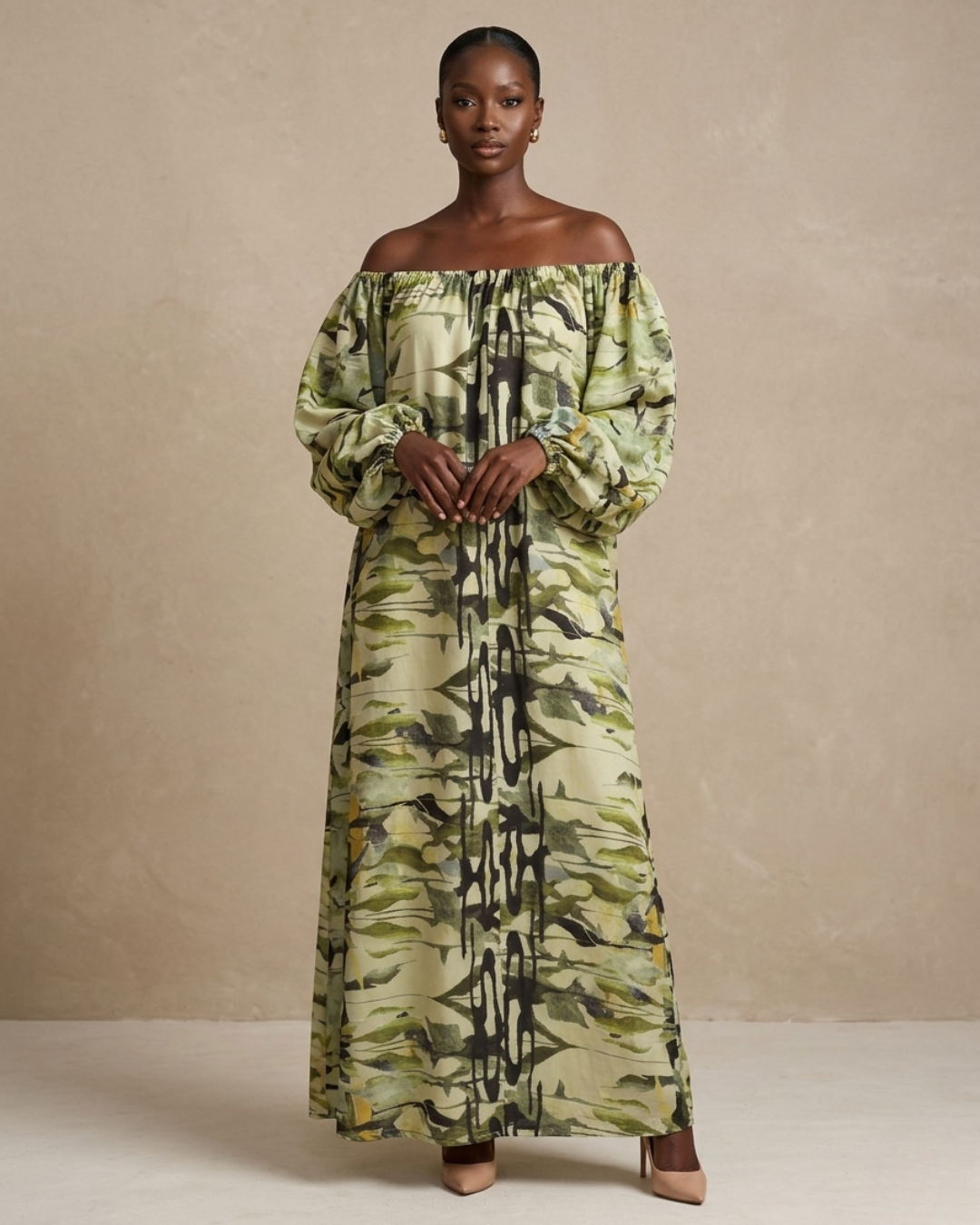 Thulile Off Shoulder Dress - Green Print
