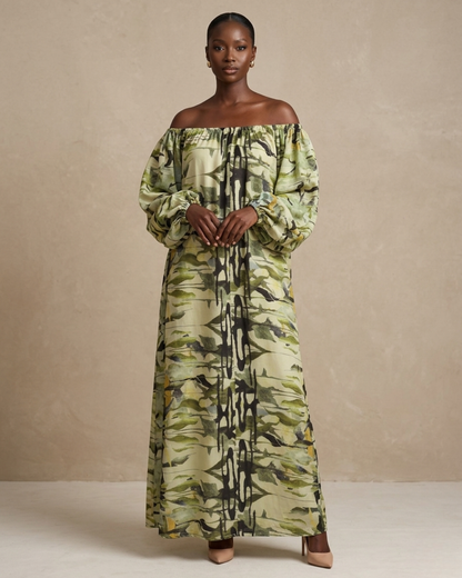 Thulile Off Shoulder Dress - Green Print