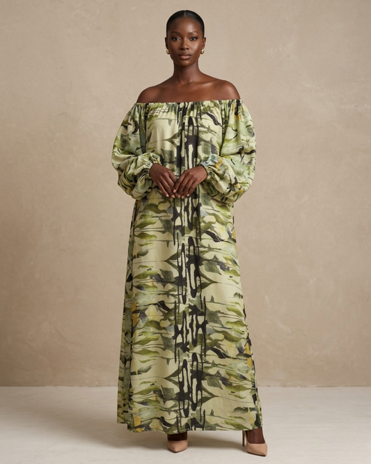 Thulile Off Shoulder Dress - Green Print