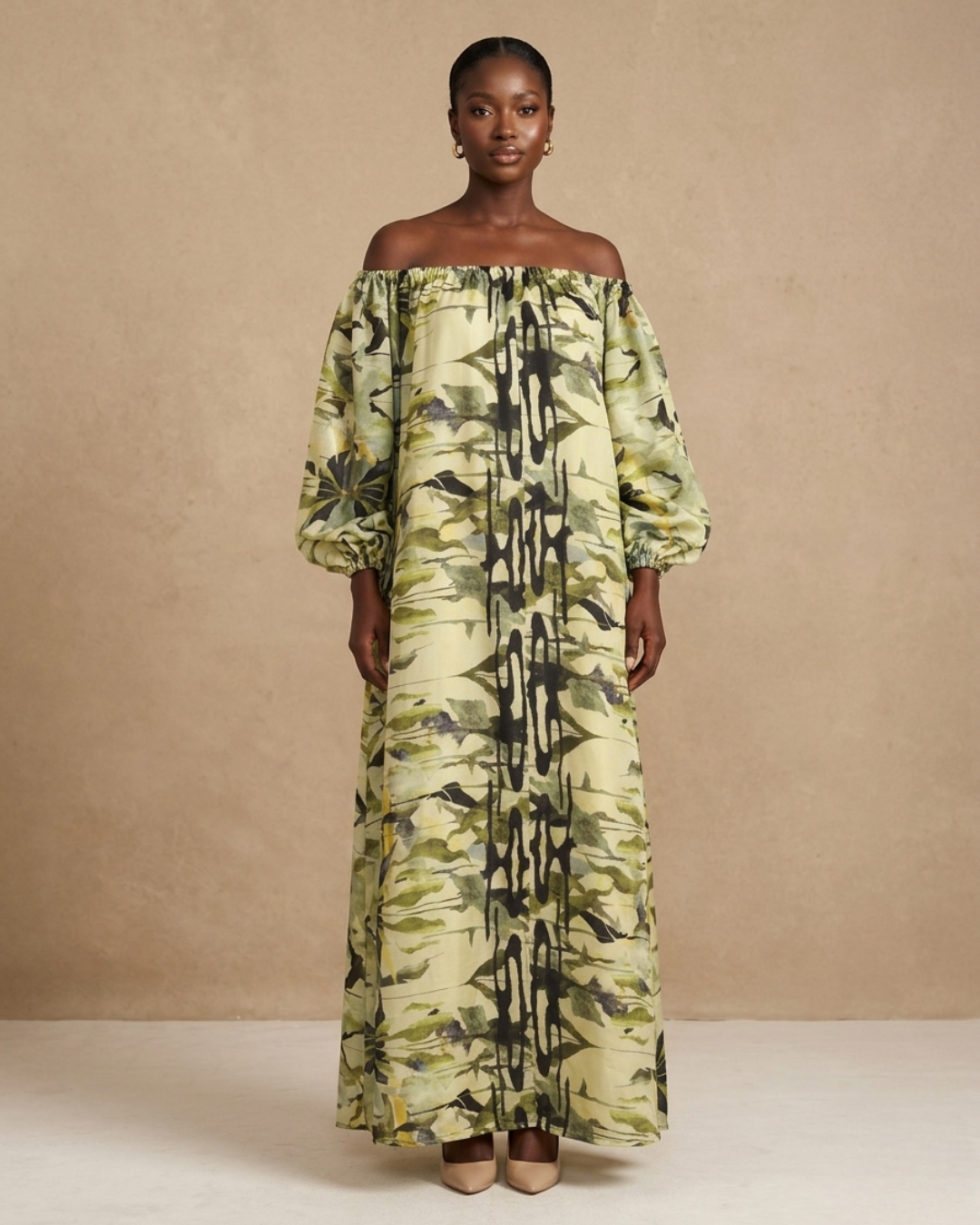 Thulile Off Shoulder Dress - Green Print