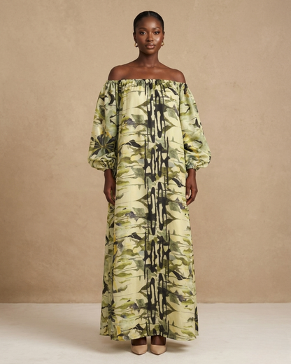 Thulile Off Shoulder Dress - Green Print