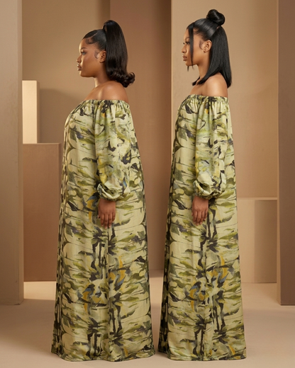 Thulile Off Shoulder Dress - Green Print