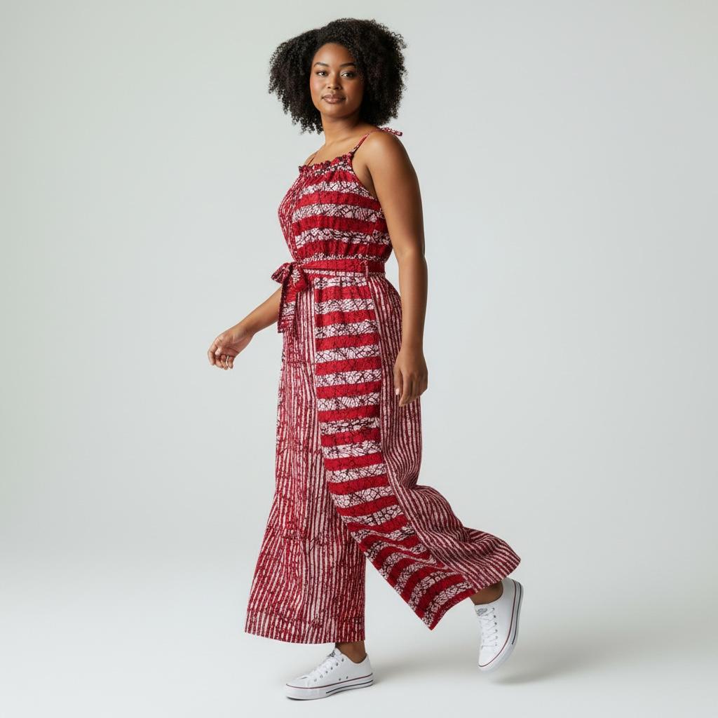 Zenani Ankara Jumpsuit - Red & White Striped